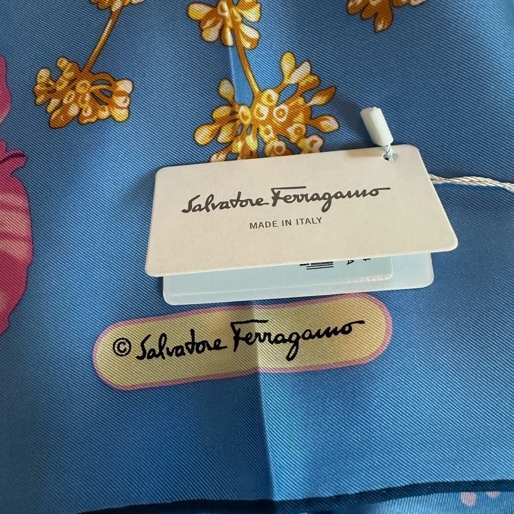 Salvatore Ferragamo Blue and Pink Floral Silk Scarf - Picture 13 of 15